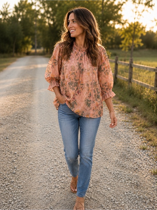 Pilcro Tops - Pilcro Peach Floral Paisley Smocked-Neck Blouse Hobo Flowy 100% cotton sz L